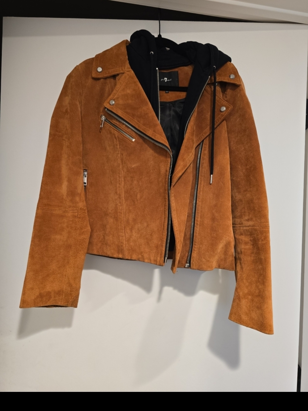 7 For All Mankind Tan Suede Moto Jacket with Black Hood Insert
